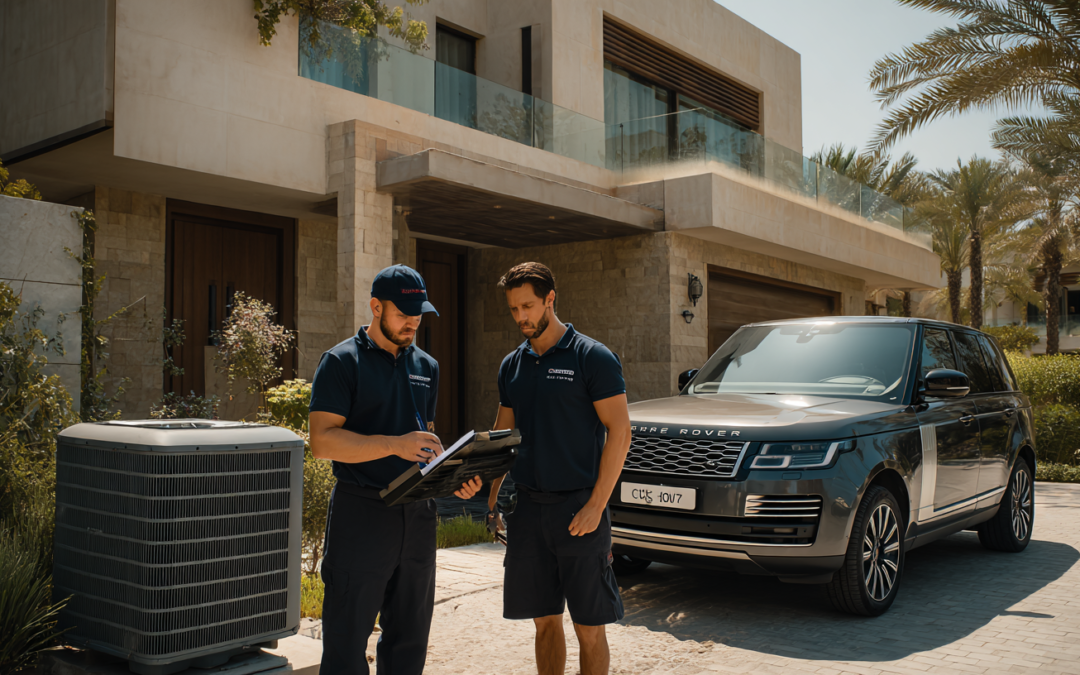 Two AC technicians in clean dark blue branded uniforms standing outside a modern Dubai villa next to an outdoor air conditioning unit, one holding a toolbox and the other reviewing a clipboard, both looking professional and calm