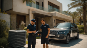 Two AC technicians in clean dark blue branded uniforms standing outside a modern Dubai villa next to an outdoor air conditioning unit, one holding a toolbox and the other reviewing a clipboard, both looking professional and calm