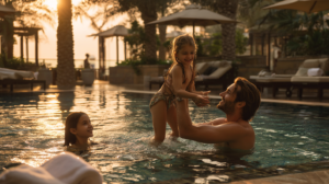 father throwing his daughter up in the air in the swimming pool while sister and wife look on smiling. beautiful sunset shop with umbrellas in background.