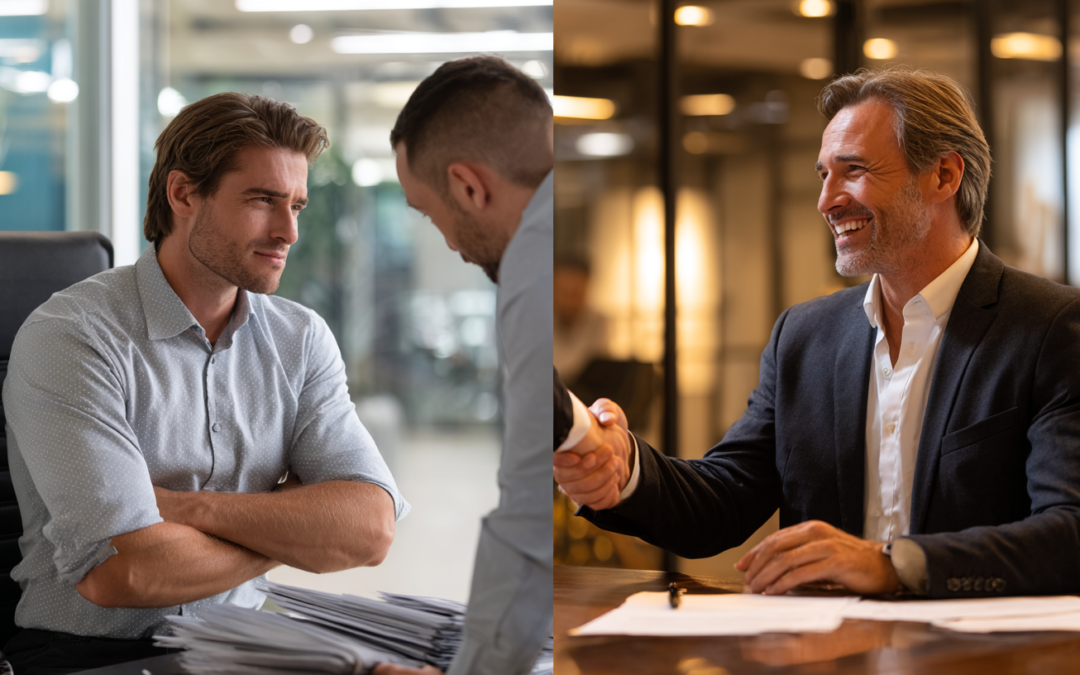 Split panel with a business man on left bored to tears from a pitching agent while the one on right is closing a deal and shaking hands