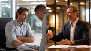 Split panel with a business man on left bored to tears from a pitching agent while the one on right is closing a deal and shaking hands