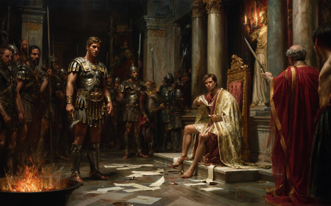 Scene of St George Standing and refusing to bow to Diocletian or the Roman God and proclaiming to the court he is Christian.