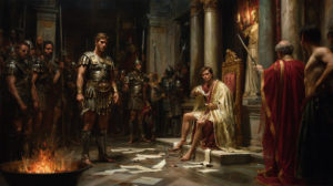 Scene of St George Standing and refusing to bow to Diocletian or the Roman God and proclaiming to the court he is Christian.