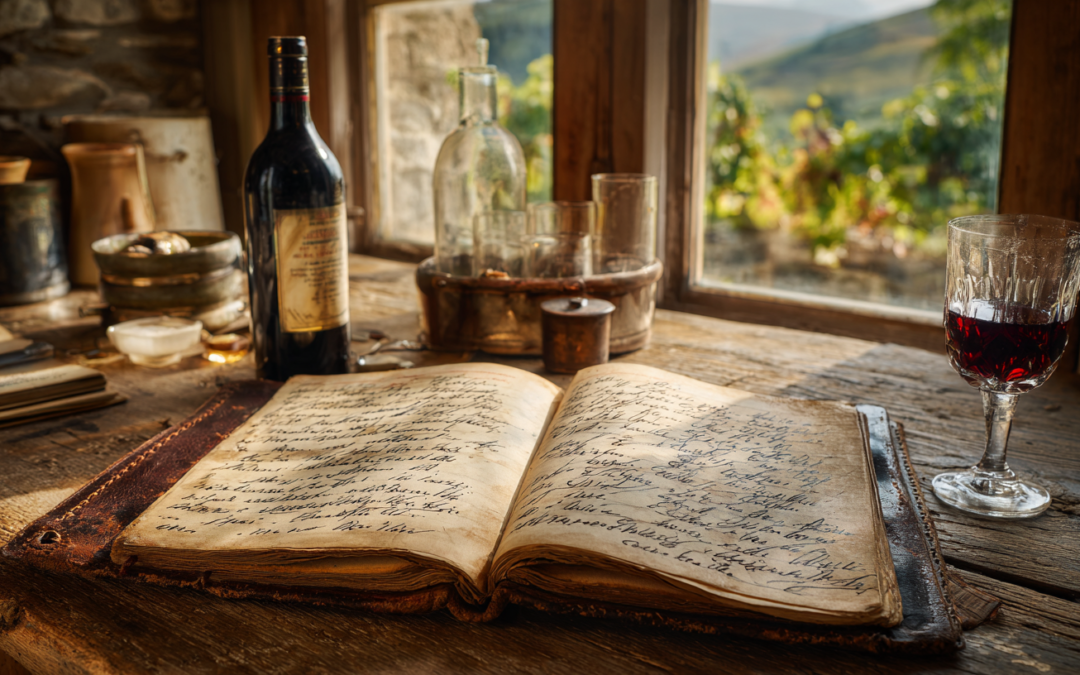 old school leather-bound book open with customer names next to a window and a bottle and glass of red wine with vineyard in background.