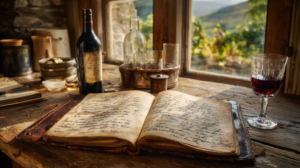 old school leather-bound book open with customer names next to a window and a bottle and glass of red wine with vineyard in background.
