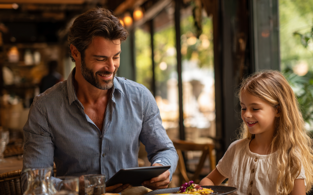 father and daughter at cafe smiling after excellent service