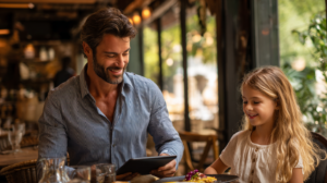 father and daughter at cafe smiling after excellent service