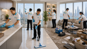 team of 6 cleaning apartment