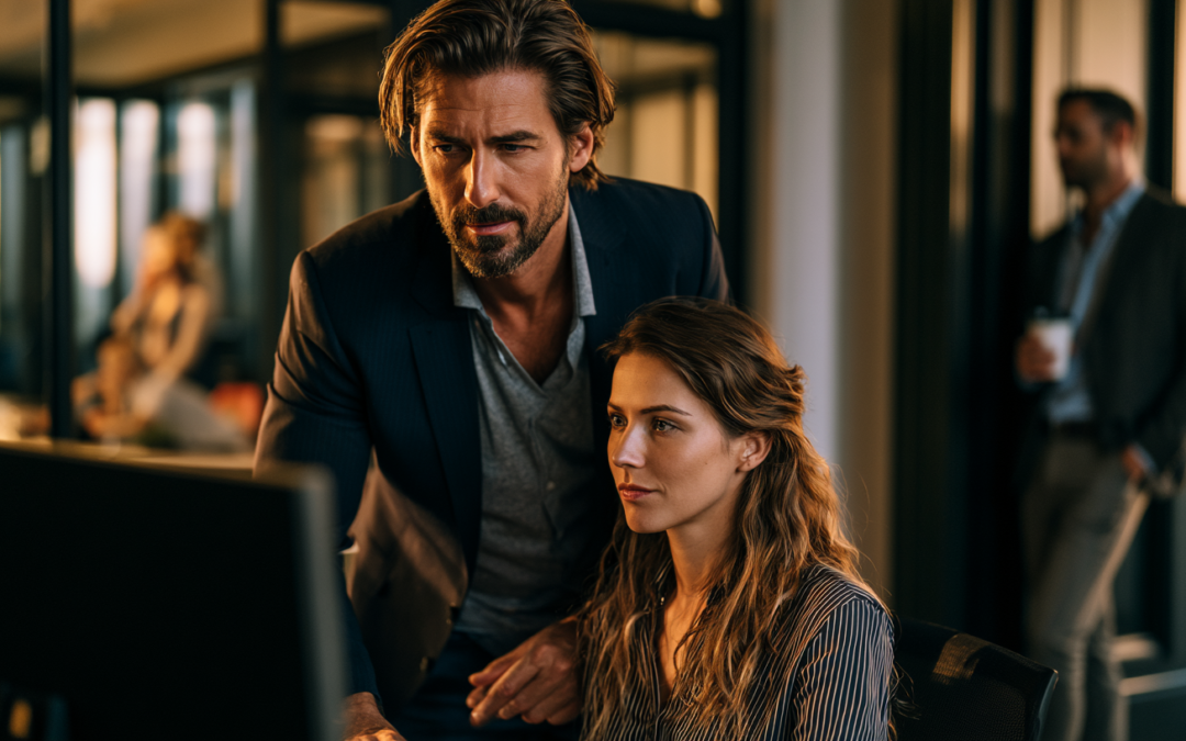 A frustrated business owner standing behind an employee at a desk, the owner's hands hovering over the keyboard wanting to take over, the employee looking up at him nervously with an unfinished task on the screen
