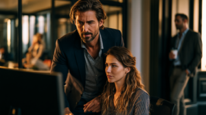 A frustrated business owner standing behind an employee at a desk, the owner's hands hovering over the keyboard wanting to take over, the employee looking up at him nervously with an unfinished task on the screen