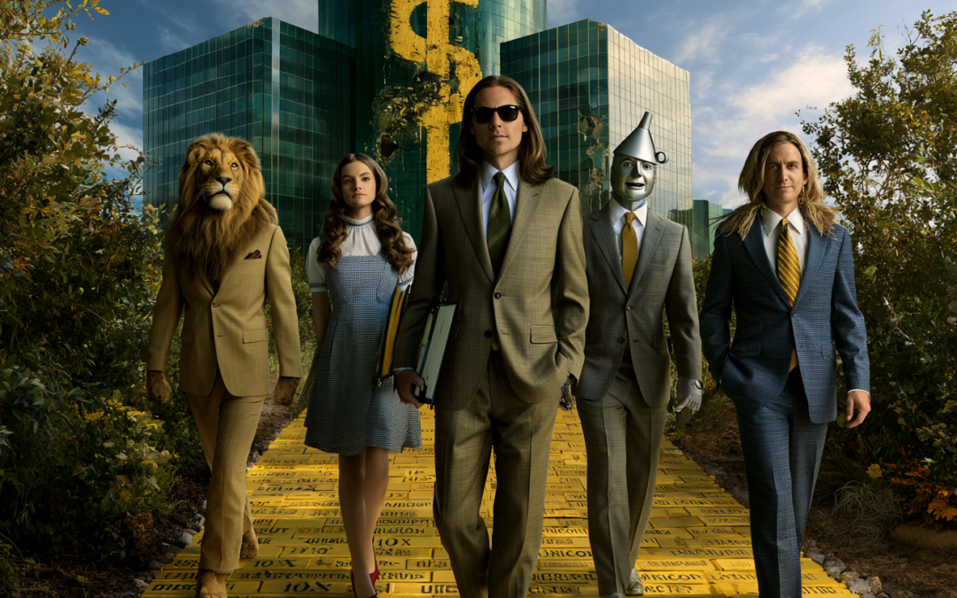 Parody of wizard of oz with Dorothy and the Cowardly Lion and the Tin Man and the Scarecrow walking down the yellow brick road but they are all wearing ill-fitting business suits over their costumes with the emerald city looking like a glass hype town behind them.