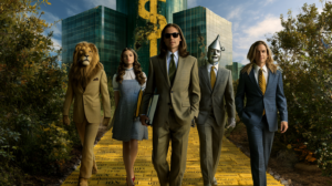 Parody of wizard of oz with Dorothy and the Cowardly Lion and the Tin Man and the Scarecrow walking down the yellow brick road but they are all wearing ill-fitting business suits over their costumes with the emerald city looking like a glass hype town behind them.