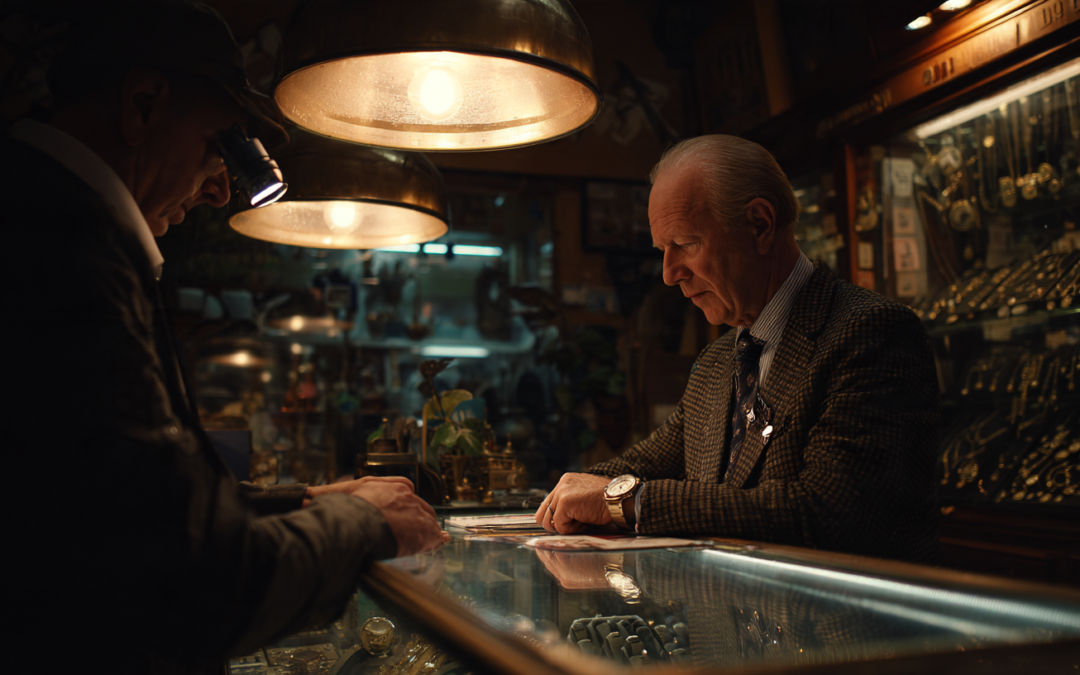old man at a pawnshop showing watch to another looking it over with special glasses.