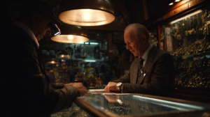 old man at a pawnshop showing watch to another looking it over with special glasses.