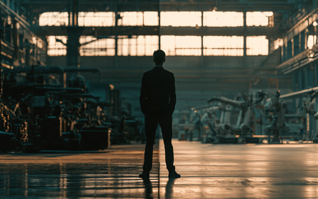 Business man with his back to us staring at a factory floor. on the left in the dark is 19th century machinery. on the right in bright light is modern robotics and 21st century machinery. showing how time and history repeat itself.
