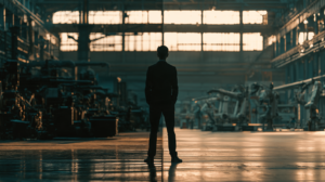 Business man with his back to us staring at a factory floor. on the left in the dark is 19th century machinery. on the right in bright light is modern robotics and 21st century machinery. showing how time and history repeat itself.