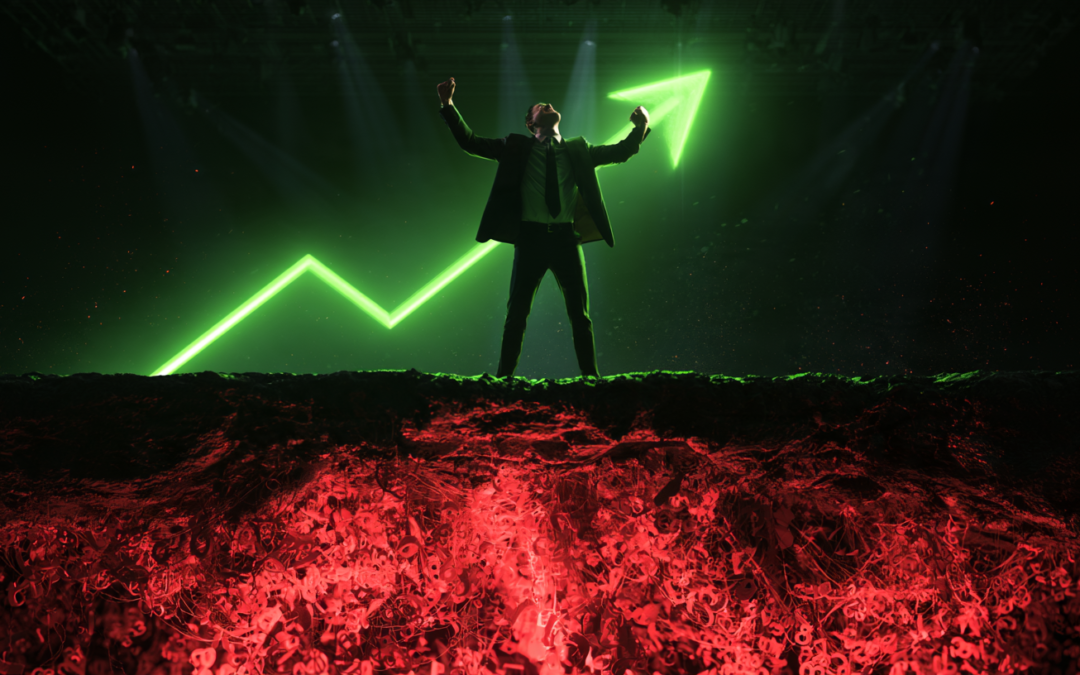 a hero touting higher numbers with a big green arrow on black background but standing over a cliff with red lava showing weak foundation