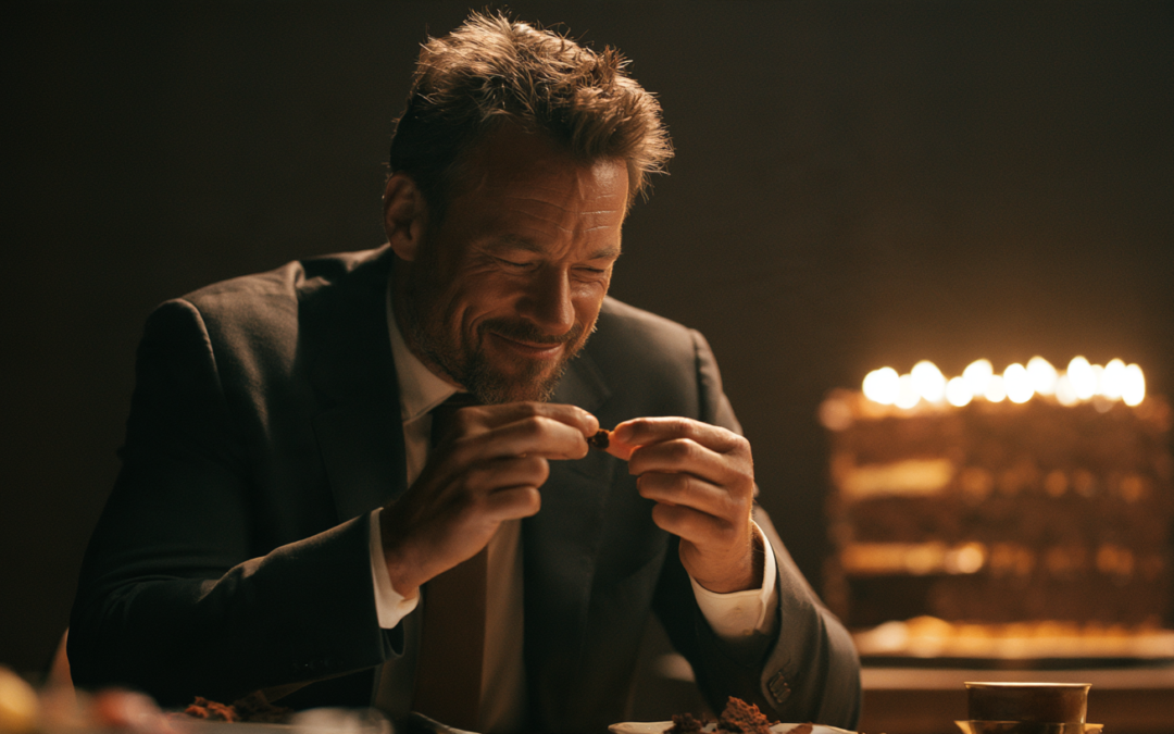 A businessman in a sharp suit grinning with satisfaction as he pinches a single tiny crumb between his fingers, while directly behind him an enormous untouched celebration cake sits glowing on a table, just out of his line of sight, symbolic of winning the crumb and losing the cake
