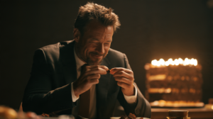 A businessman in a sharp suit grinning with satisfaction as he pinches a single tiny crumb between his fingers, while directly behind him an enormous untouched celebration cake sits glowing on a table, just out of his line of sight, symbolic of winning the crumb and losing the cake
