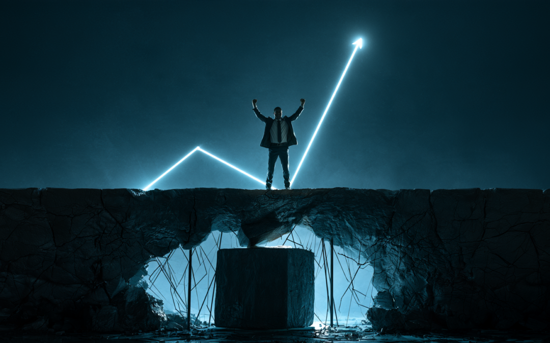 Guy in background raising his hands with a dark background and arrow shooting up, but he's on a bridge with a big hole in the middle that he doesn't see