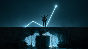 Guy in background raising his hands with a dark background and arrow shooting up, but he's on a bridge with a big hole in the middle that he doesn't see