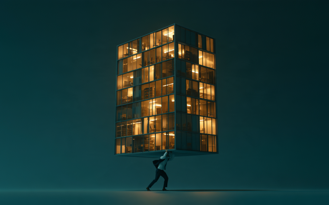 distant shot of a business man in suit holding an entire business on his shoulders like Atlas