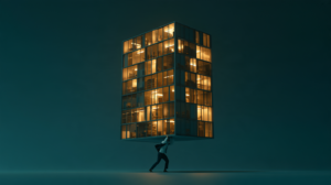 distant shot of a business man in suit holding an entire business on his shoulders like Atlas