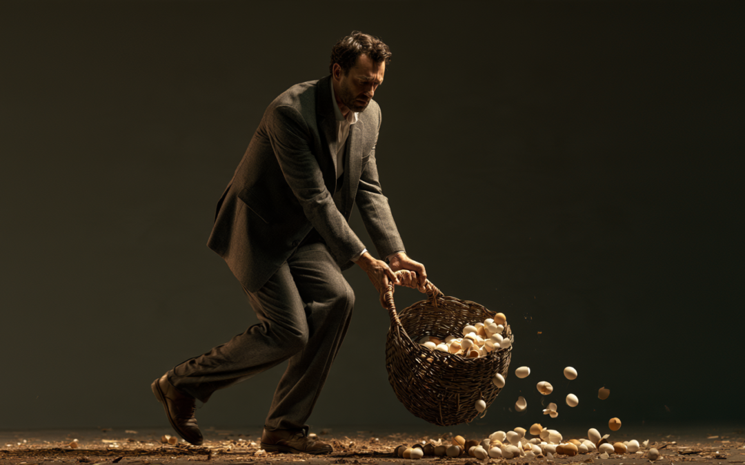A businessman carrying a basket that breaks with dozens of eggs smashing on the floor
