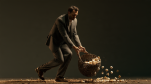 A businessman carrying a basket that breaks with dozens of eggs smashing on the floor