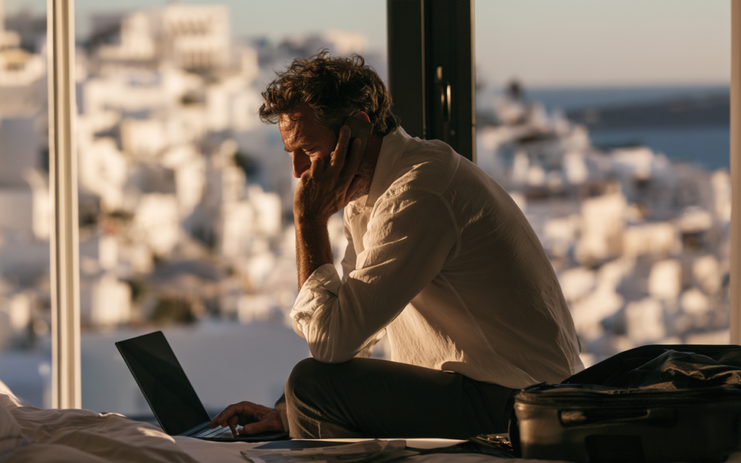 A weary businessman in his forties sitting on the edge of a hotel bed in a sunlit Greek island room, hunched over an open laptop with a phone pressed to his ear, an unopened suitcase beside him and whitewashed Santorini buildings and blue sea through the window behind, warm late afternoon light