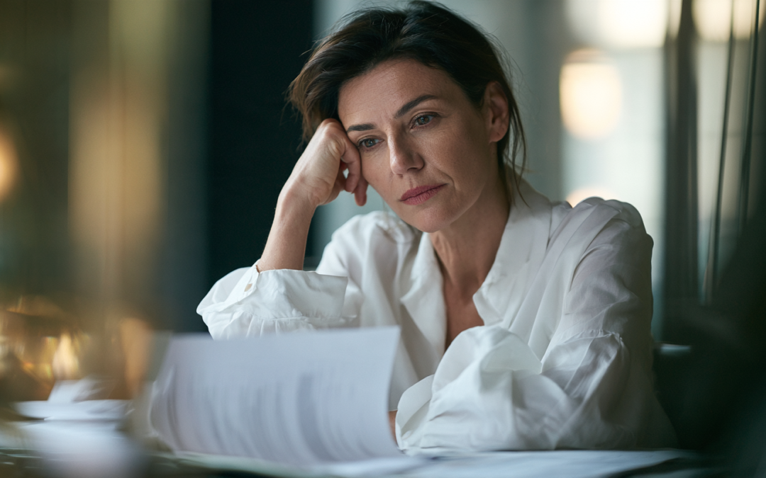 A business woman in her fifties sitting at a desk reviewing a sale agreement, two different offer figures laid side by side in front of her, one noticeably larger than the other, a thoughtful look on her face, soft natural window light, candid documentary photography, shallow depth of field