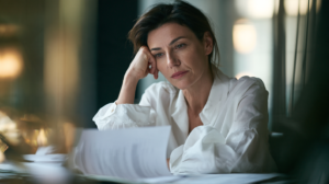 A business woman in her fifties sitting at a desk reviewing a sale agreement, two different offer figures laid side by side in front of her, one noticeably larger than the other, a thoughtful look on her face, soft natural window light, candid documentary photography, shallow depth of field