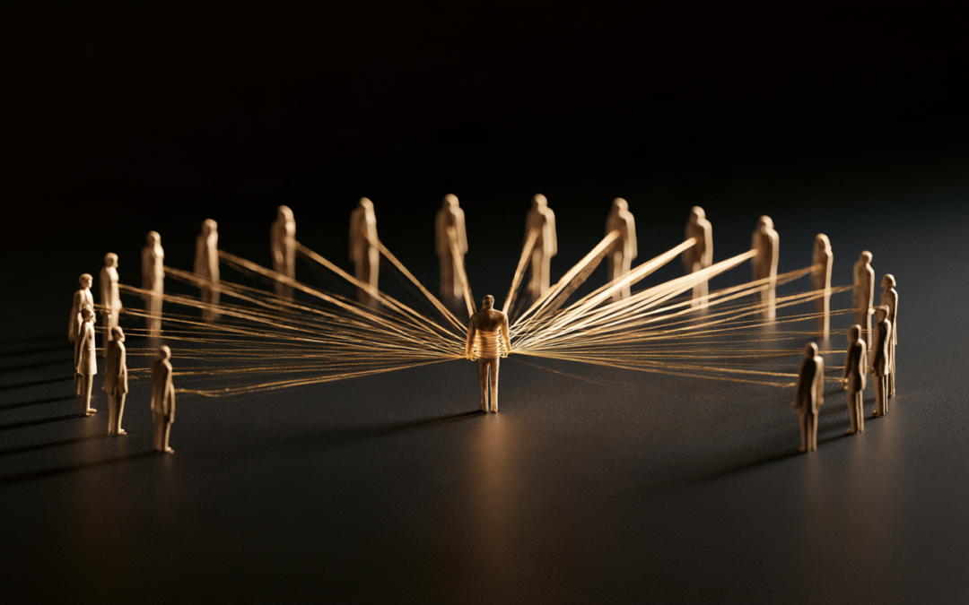A single figure at the centre holding many fine golden threads that each run out to small distant client figures, set against a deep teal background, symbolising customer relationships that all pass through one person