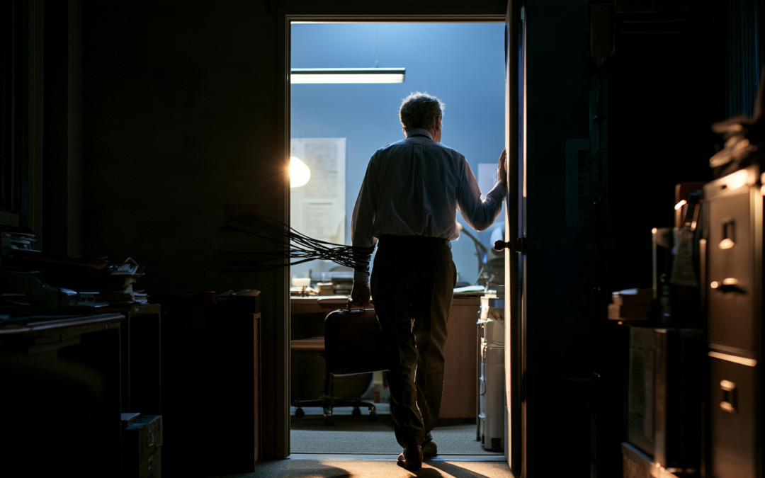 business owner in his fifties in a dark office at night, one hand on the door handle, briefcase in the other, bright daylight spilling through the open doorway ahead of him, taut black cables and phone cords running from the desk behind him and wound around his wrist and shoulder, holding him back, his body turned toward the light while he is dragged back into the gloom